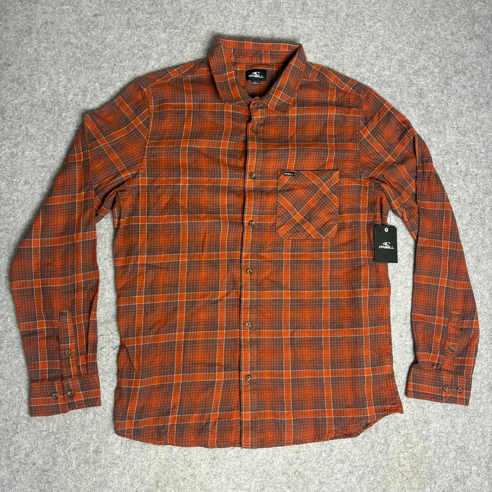 ONeill Mens Glacier Plaid Flannel Shirt Orange Grey Long Sleeve Button Down L